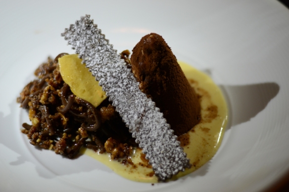 Umbrian Christmas chocolate pasta with candied walnuts and honeycomb semifreddo